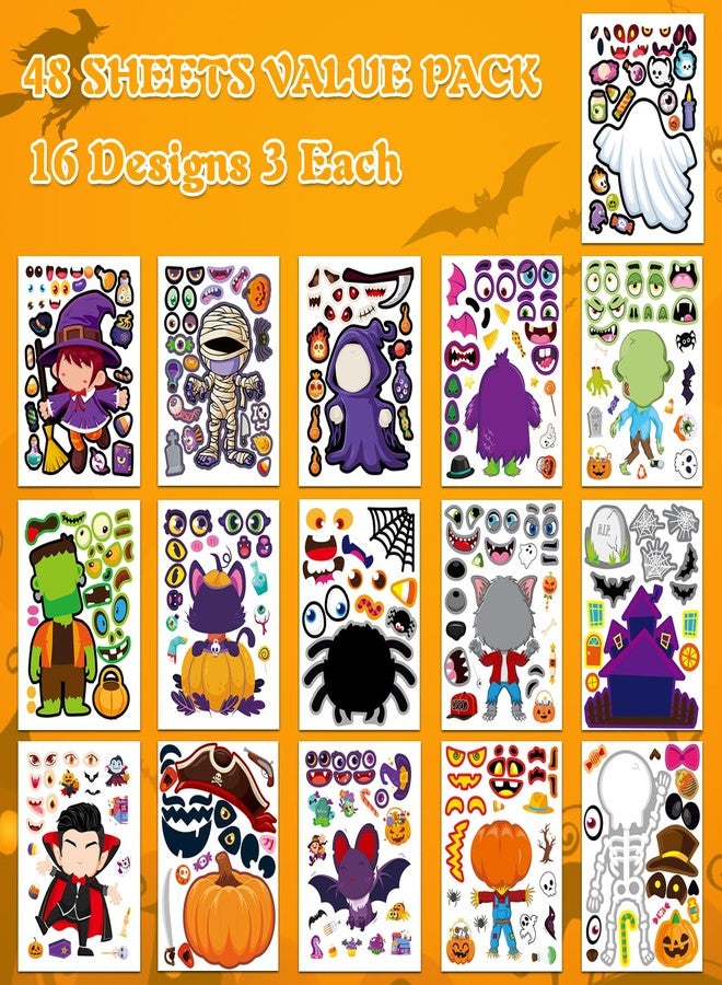 Aowplc مجموعة ملصقات Aowplc للهالوين للأطفال - 48 ورقة ملصقات لرسم وجوه - 16 تصميمًا فريدًا، قابلة للمزج والتنسيق لتوزيعها كهدايا للحفلات، والأعمال الفنية، وحشو أكياس الهدايا، والأنشطة الصفية، وألعاب العطلات - Image 2
